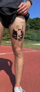 Mockup tattoo - Oni and Cat Split Portrait - Leg - Vytautas Tattoo
