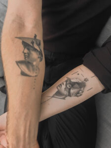 2+ years healed tattoo - Classical Portrait with Figures - Inner forearm - Vytautas Tattoo