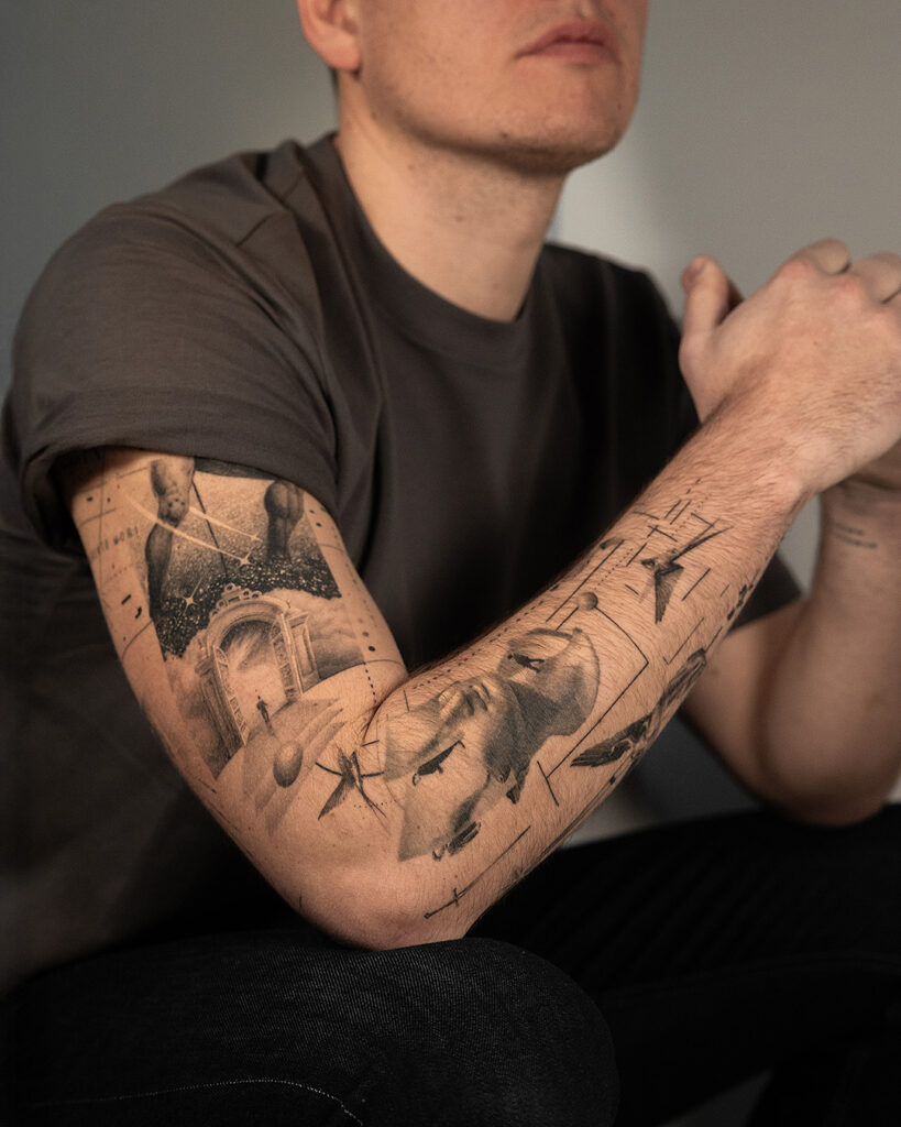 6 months healed tattoo - Surreal Sleeve Composition - Outer forearm - Vytautas Tattoo