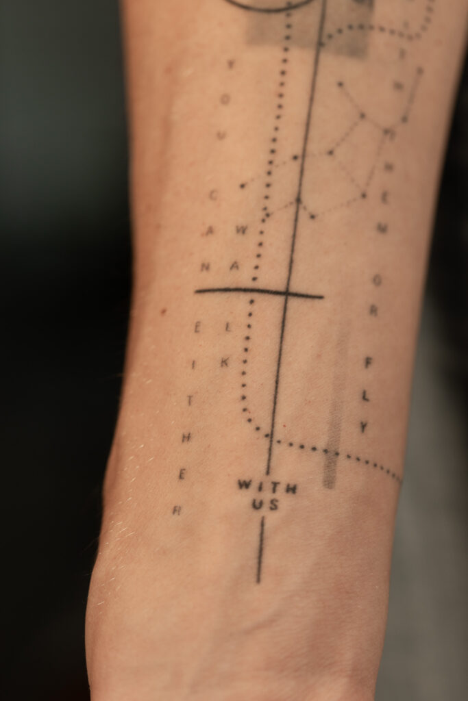 1 year 10 months healed tattoo - Wing and Typography Composition - Inner forearm - Vytautas Tattoo