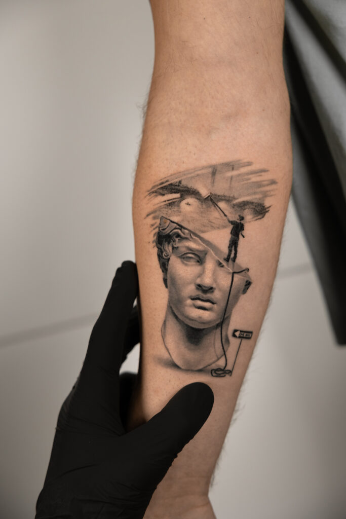 Fresh tattoo - Surreal Classical Portrait - Inner forearm - Vytautas Tattoo