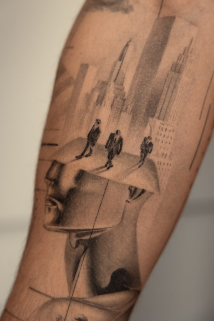 6 months healed tattoo - Surreal City Portrait - Inner forearm - Vytautas Tattoo