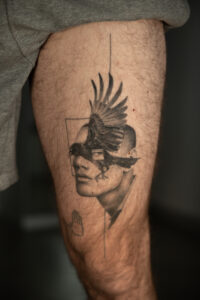 2+ years healed tattoo - Surreal Crow Portrait - Leg - Vytautas Tattoo