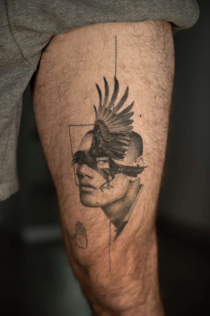 2+ years healed tattoo - Surreal Crow Portrait - Leg - Vytautas Tattoo