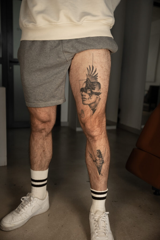 2+ years healed tattoo - Surreal Crow Portrait - Leg - Vytautas Tattoo