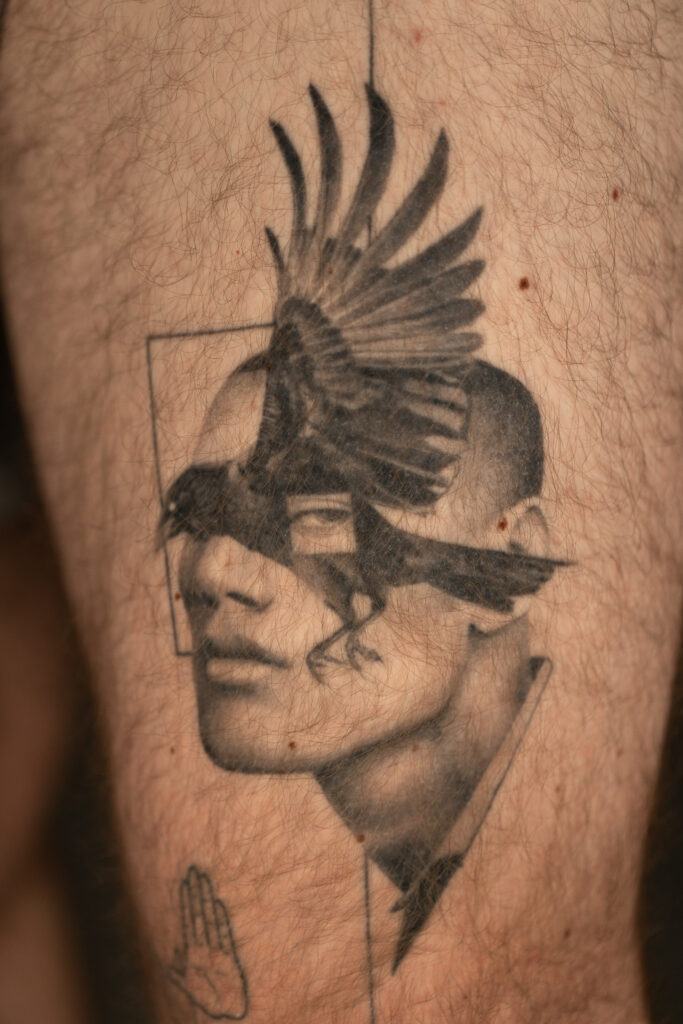 2+ years healed tattoo - Surreal Crow Portrait - Leg - Vytautas Tattoo