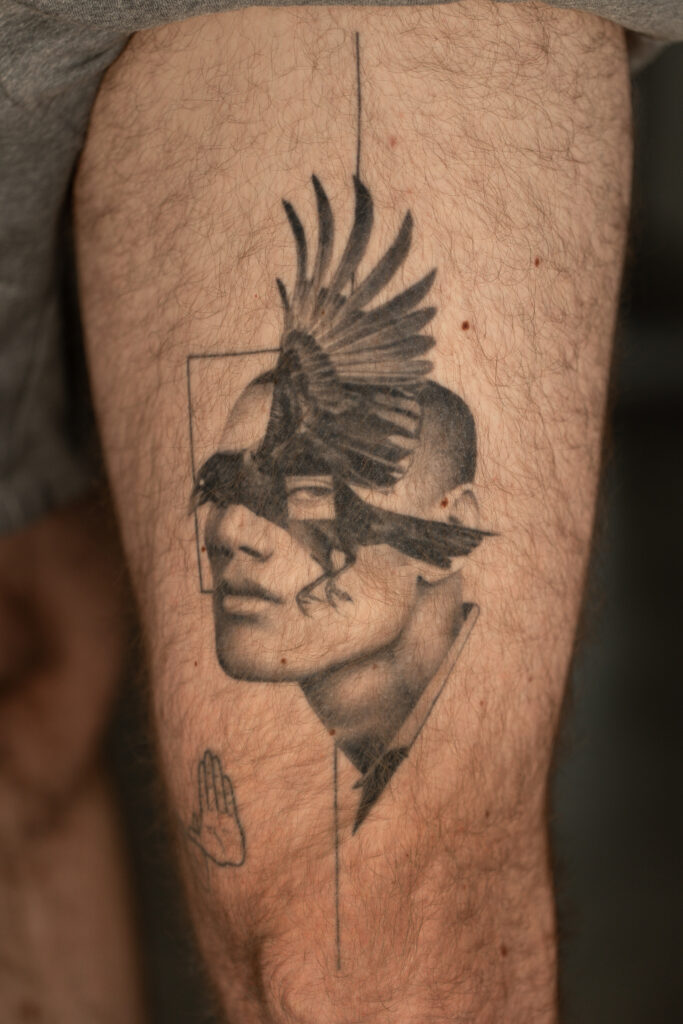 2+ years healed tattoo - Surreal Crow Portrait - Leg - Vytautas Tattoo