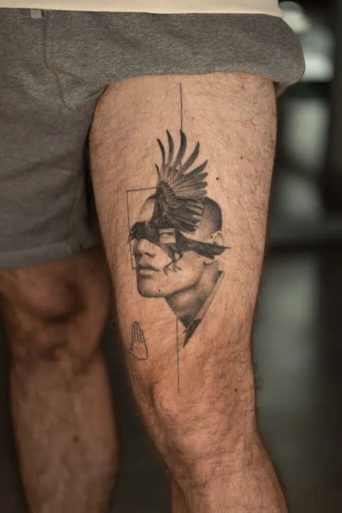 2+ years healed tattoo - Surreal Crow Portrait - Leg - Vytautas Tattoo