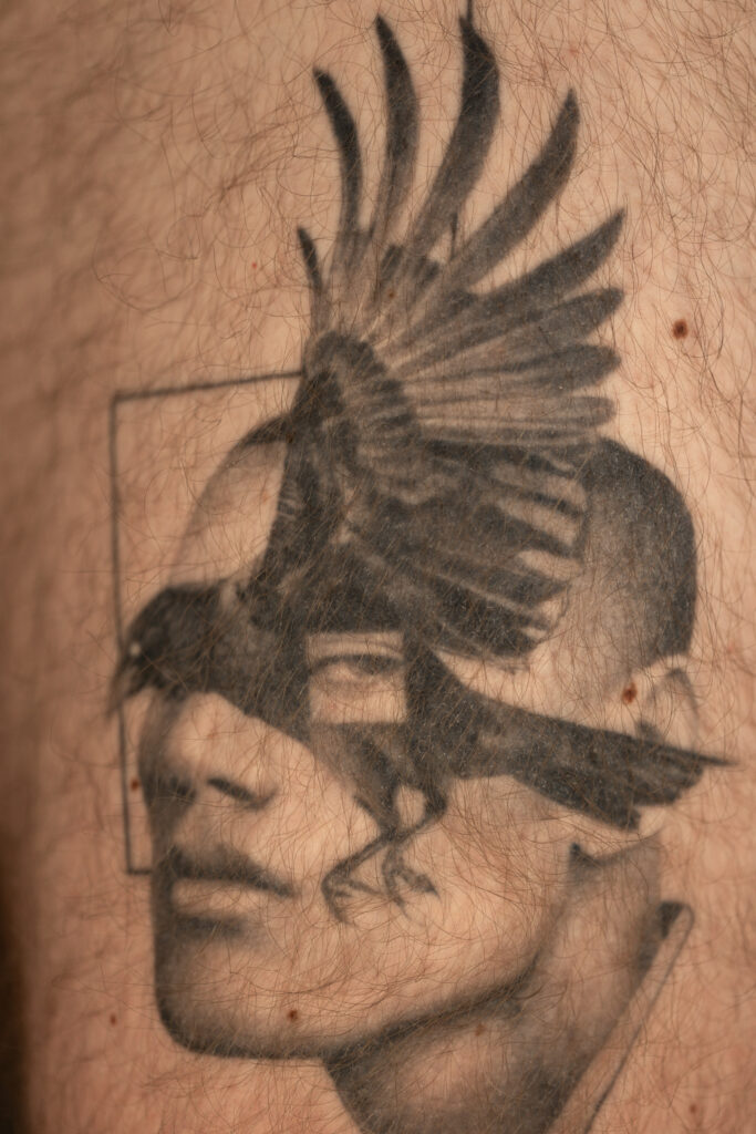 2+ years healed tattoo - Surreal Crow Portrait - Leg - Vytautas Tattoo