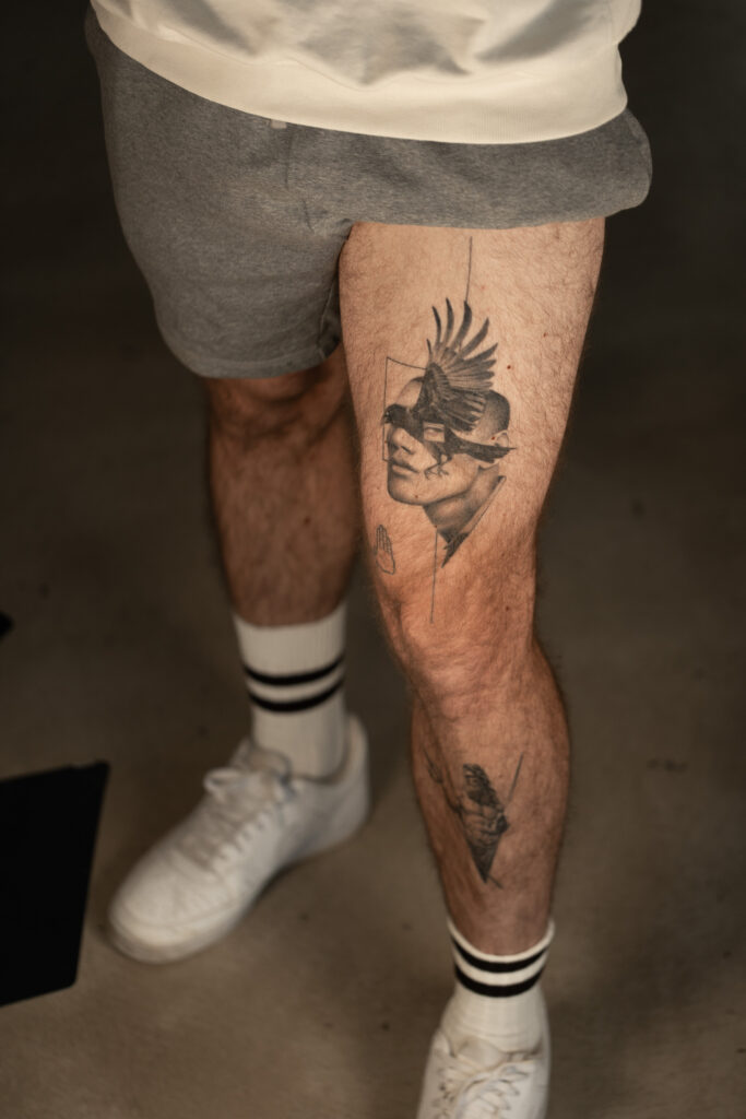 2+ years healed tattoo - Surreal Crow Portrait - Leg - Vytautas Tattoo