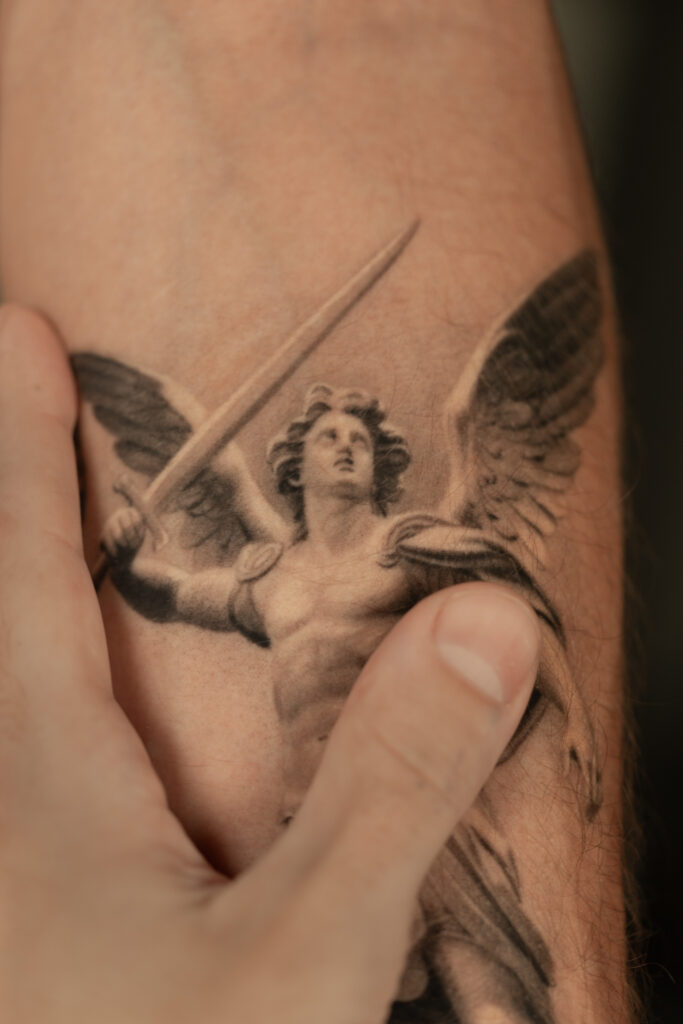 2+ years healed tattoo - Classical Archangel Tattoo - Inner forearm - Vytautas Tattoo