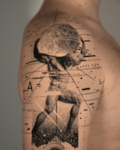 6 months healed tattoo - Atlas and Gates Composition - Upper arm - Vytautas Tattoo