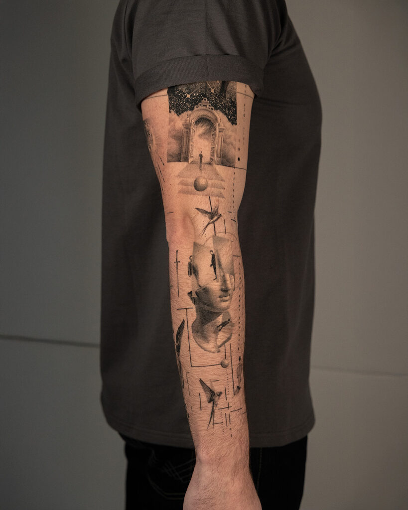 6 months healed tattoo - Surreal Sleeve Composition - Outer forearm - Vytautas Tattoo