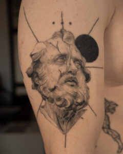 4+ years healed tattoo - Fragmented Classical Portrait - Upper arm - Vytautas Tattoo