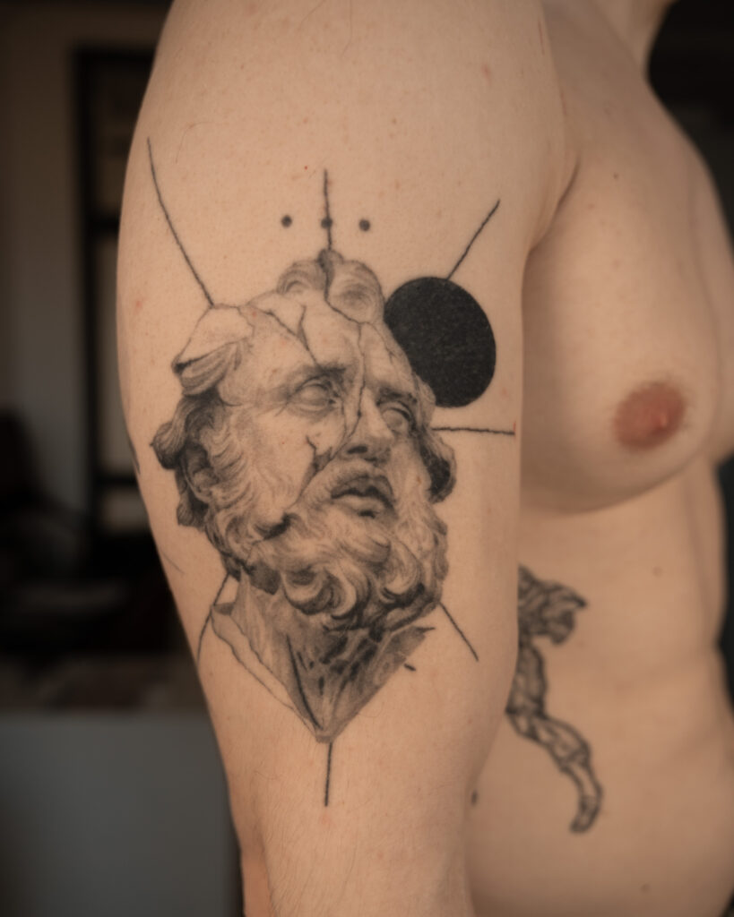 4+ years healed tattoo - Fragmented Classical Portrait - Upper arm - Vytautas Tattoo