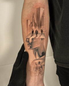 Fresh tattoo - Surreal City Portrait - Inner forearm - Vytautas Tattoo