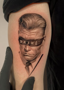Fresh tattoo - Blindfolded Portrait - Upper arm - Vytautas Tattoo
