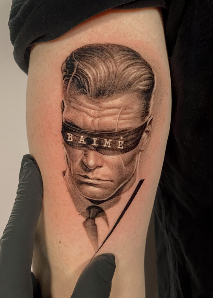 Fresh tattoo - Blindfolded Portrait - Upper arm - Vytautas Tattoo