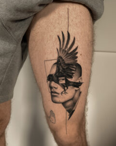 Fresh tattoo - Surreal Crow Portrait - Leg - Vytautas Tattoo