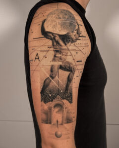 Fresh tattoo - Atlas and Gates Composition - Upper arm - Vytautas Tattoo