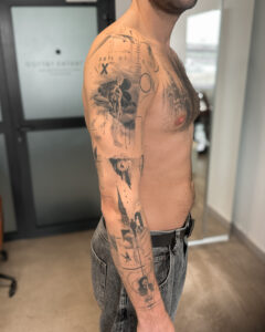1 year 10 months healed tattoo - Conceptual Sleeve Composition - Upper arm - Vytautas Tattoo