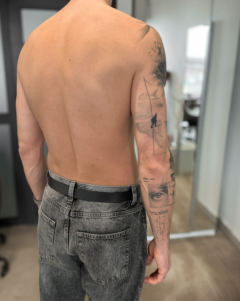 1 year 10 months healed tattoo - Conceptual Sleeve Composition - Upper arm - Vytautas Tattoo