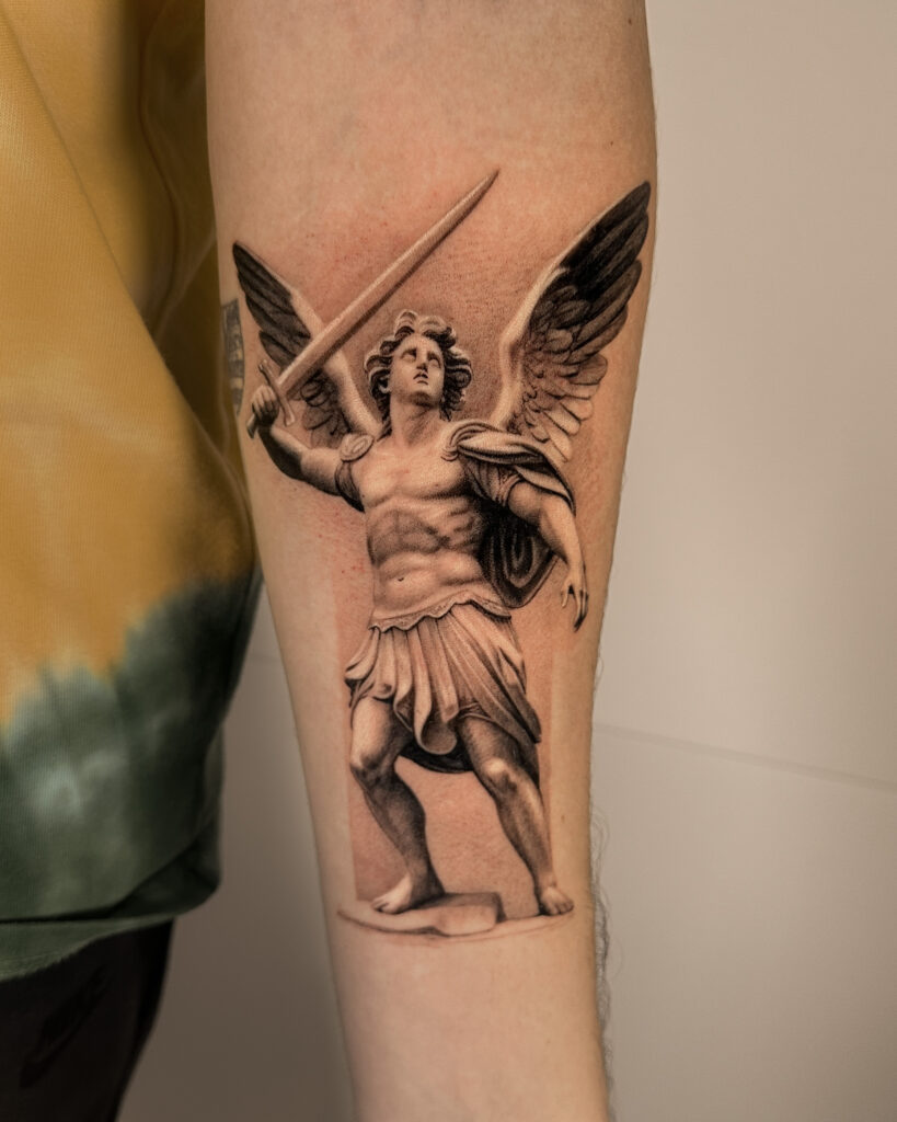 Fresh tattoo - Classical Archangel Tattoo - Inner forearm - Vytautas Tattoo