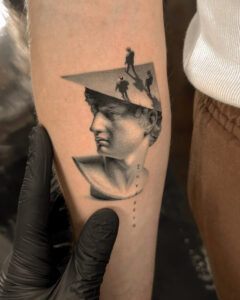 Fresh tattoo - Classical Portrait with Figures - Inner forearm - Vytautas Tattoo