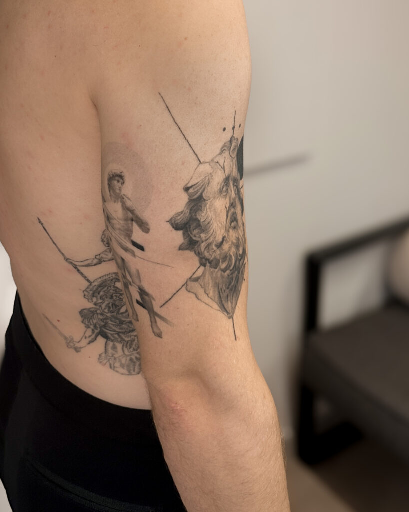 2+ years healed tattoo - Fragmented Classical Portrait - Upper arm - Vytautas Tattoo