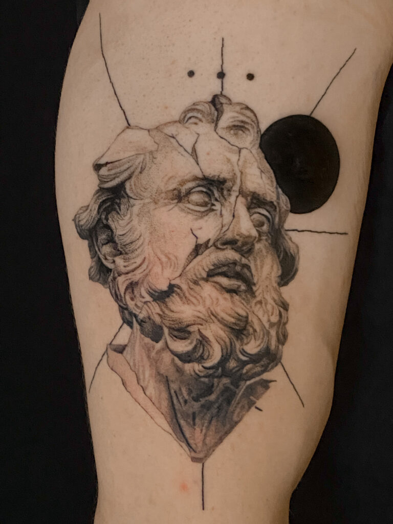 Fresh tattoo - Fragmented Classical Portrait - Upper arm - Vytautas Tattoo
