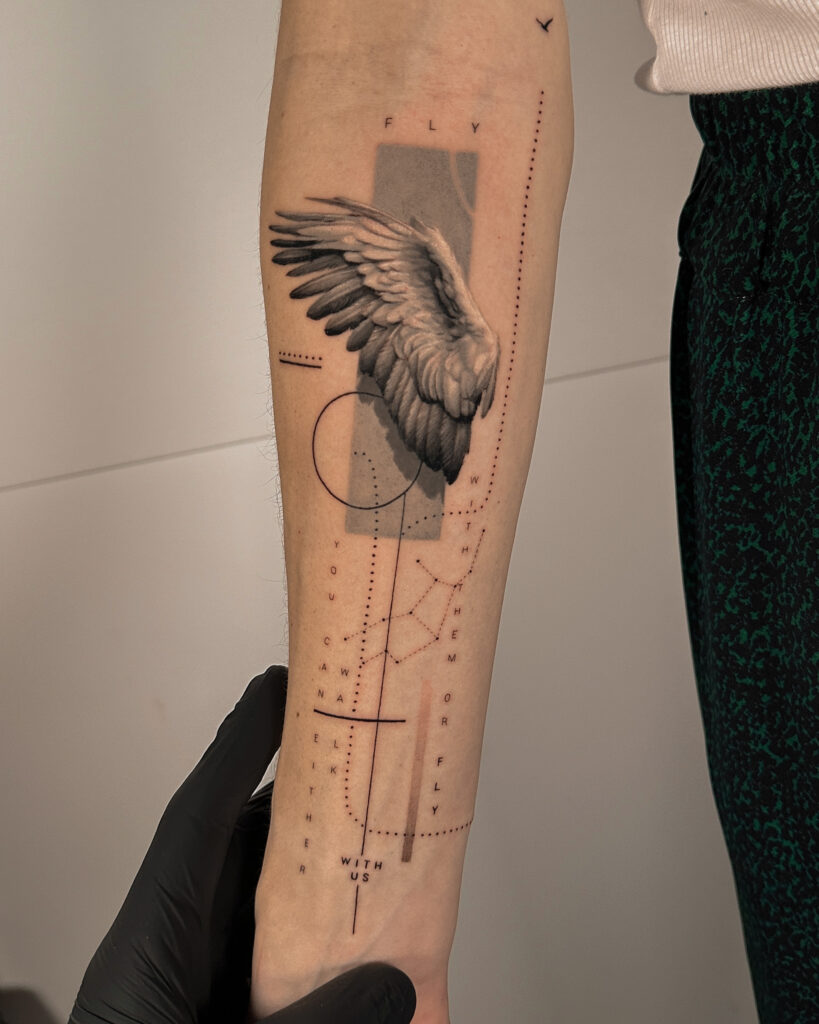 Fresh tattoo - Wing and Typography Composition - Inner forearm - Vytautas Tattoo