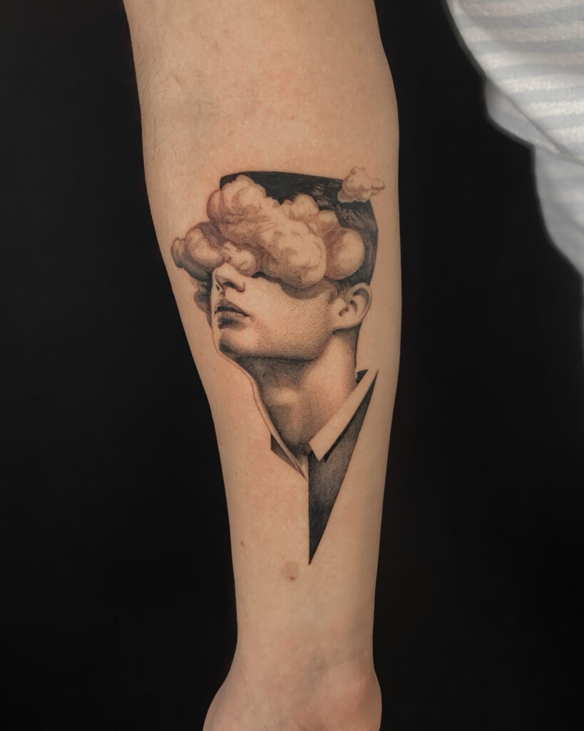 Fresh tattoo - Surreal Cloud Portrait - Forearm - Vytautas Tattoo