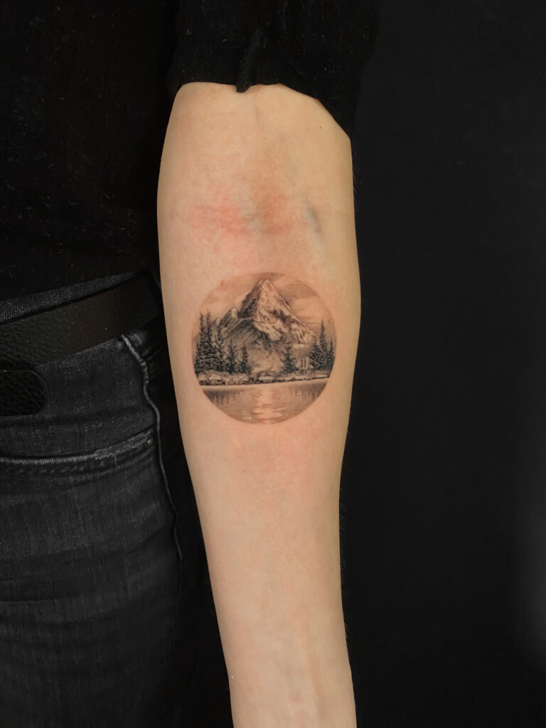 Fresh tattoo - Mountain Lake Tattoo - Upper arm - Vytautas Tattoo
