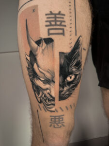 Fresh tattoo - Oni and Cat Split Portrait - Leg - Vytautas Tattoo