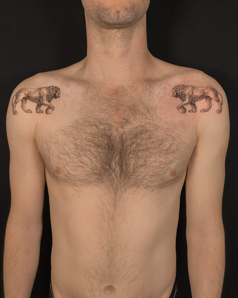 Fresh tattoo - Symmetrical Lion Pair - Chest - Vytautas Tattoo