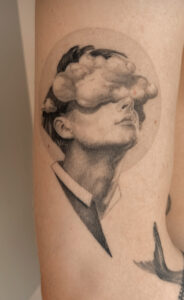 1 month healed tattoo - Portrait with Clouds - Upper arm - Vytautas Tattoo