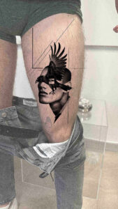 Mockup tattoo - Surreal Crow Portrait - Leg - Vytautas Tattoo