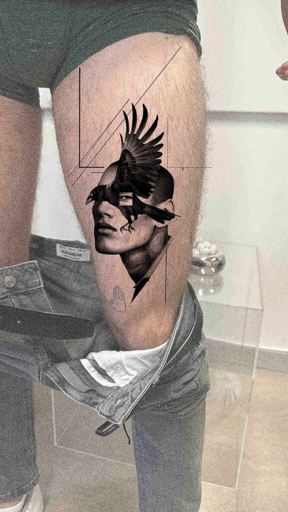 Design mockup tattoo - Surreal Crow Portrait - Leg - Vytautas Tattoo