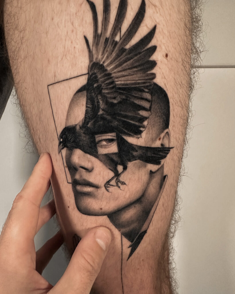 2+ years healed tattoo - Surreal Crow Portrait - Leg - Vytautas Tattoo