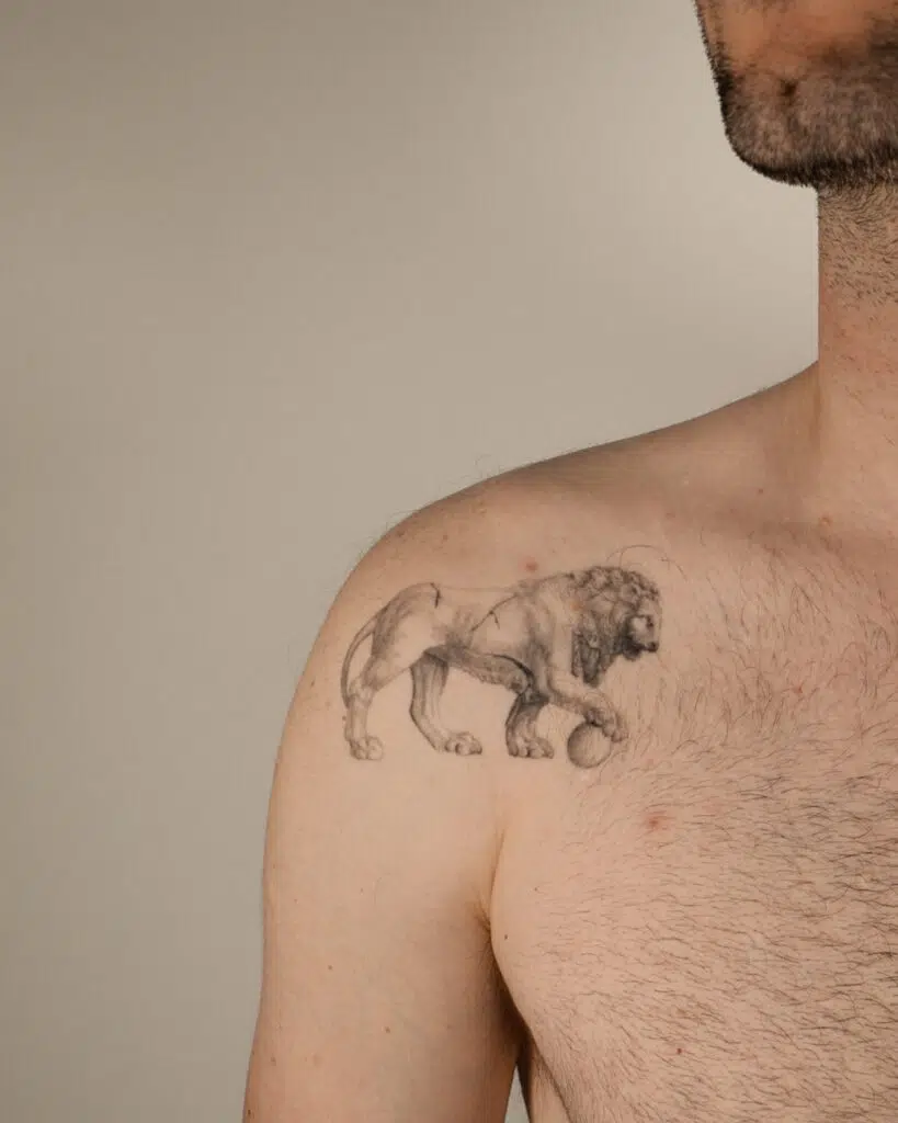 2+ years healed tattoo - Symmetrical Lion Pair - Chest - Vytautas Tattoo