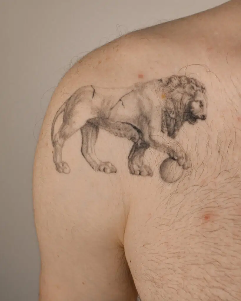 2+ years healed tattoo - Symmetrical Lion Pair - Chest - Vytautas Tattoo