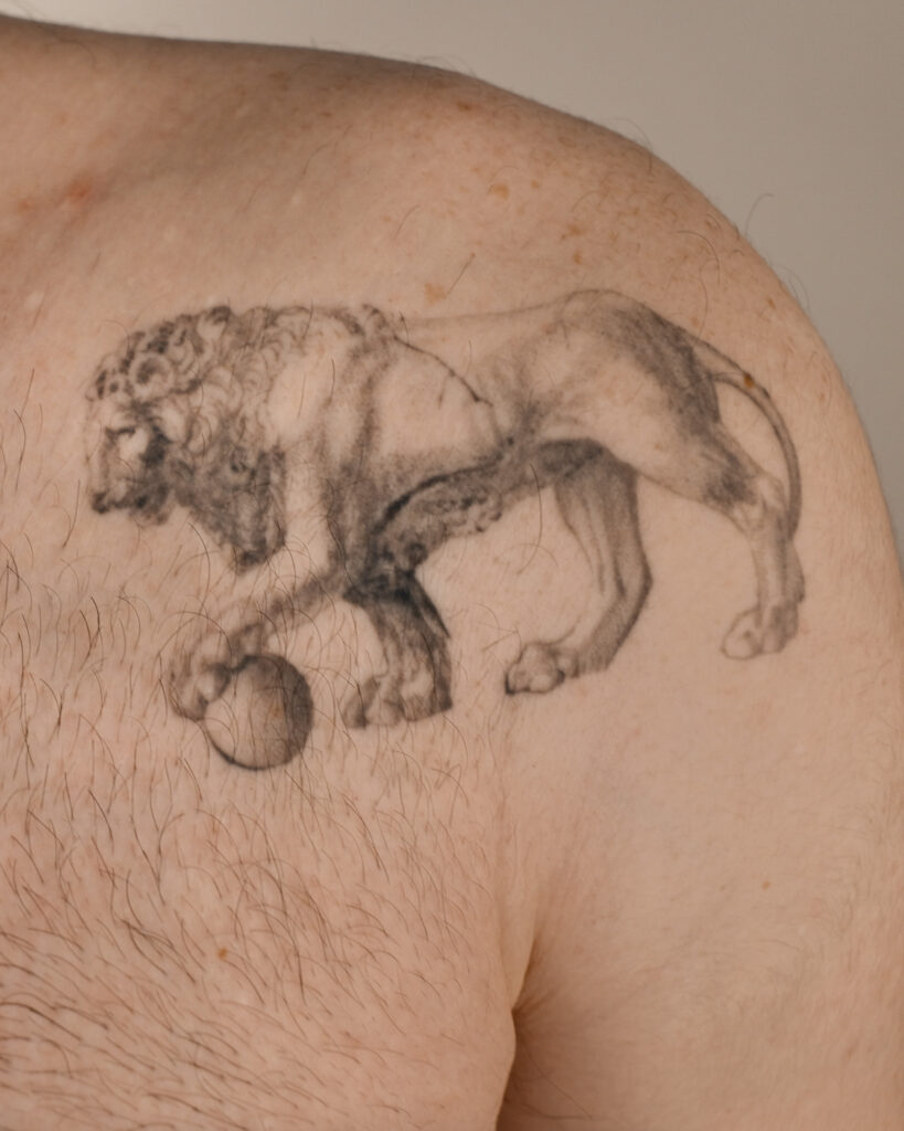 2+ years healed tattoo - Symmetrical Lion Pair - Chest - Vytautas Tattoo