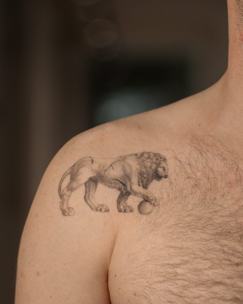 3+ years healed tattoo - Symmetrical Lion Pair - Chest - Vytautas Tattoo