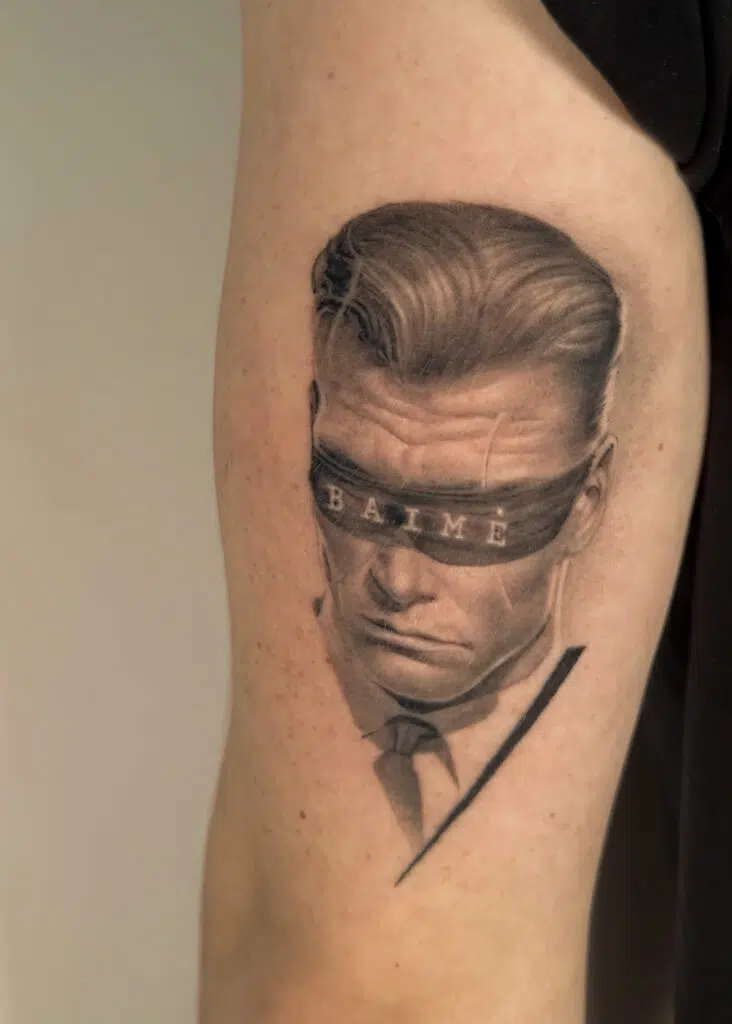 1 month healed tattoo - Blindfolded Portrait - Upper arm - Vytautas Tattoo