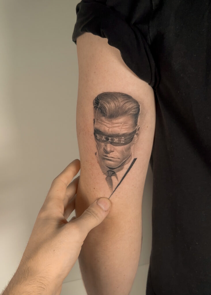 1 month healed tattoo - Blindfolded Portrait - Upper arm - Vytautas Tattoo