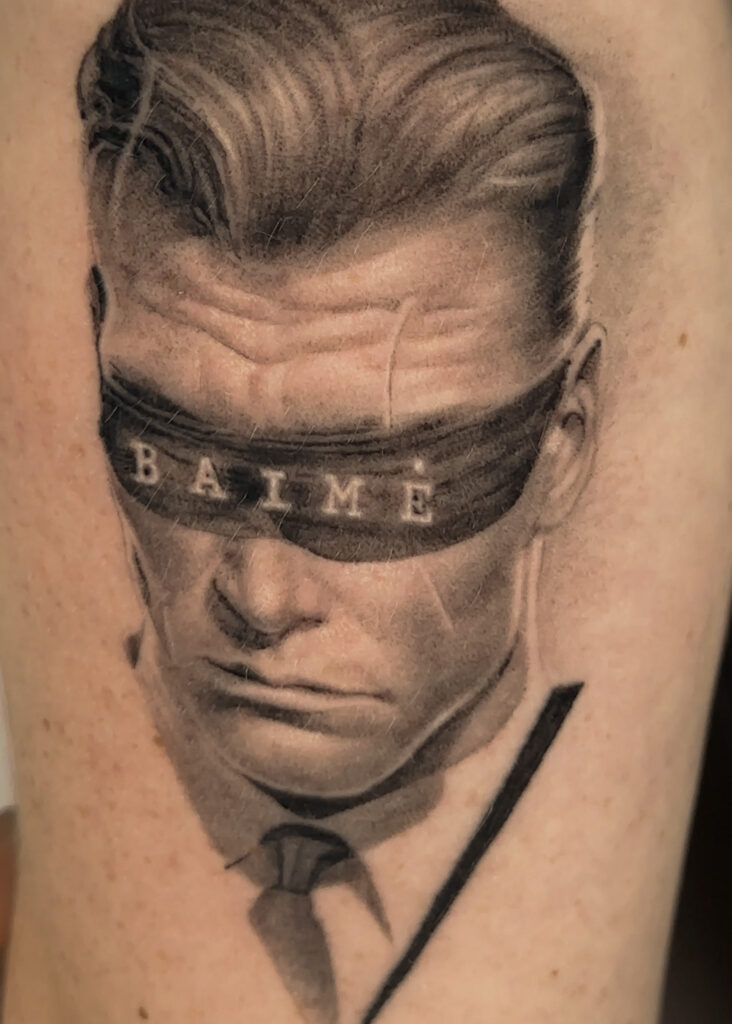 1 month healed tattoo - Blindfolded Portrait - Upper arm - Vytautas Tattoo