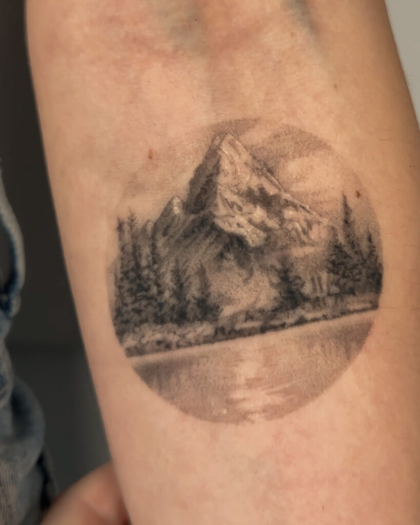 2+ years healed tattoo - Mountain Lake Tattoo - Upper arm - Vytautas Tattoo