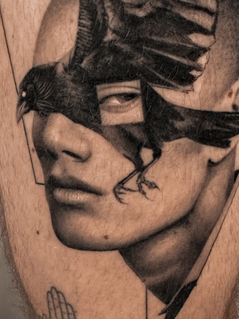 2+ years healed tattoo - Surreal Crow Portrait - Leg - Vytautas Tattoo