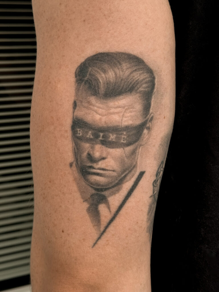 3+ years healed tattoo - Blindfolded Portrait - Upper arm - Vytautas Tattoo