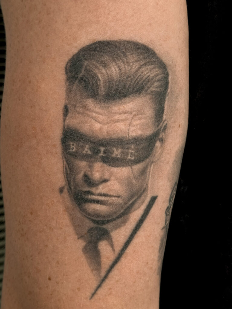 3+ years healed tattoo - Blindfolded Portrait - Upper arm - Vytautas Tattoo